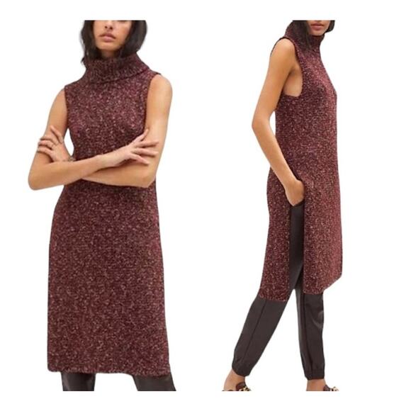 Anthropologie Wool Blend Knit Maxi Turtleneck Tank Sweater Tunic Size S Burgundy - Picture 3 of 13